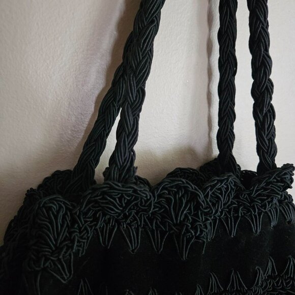 Vtg Walborg Italian Shoulder Purse, Black Leather with braiding Whimsigoth Boho - Picture 3 of 6